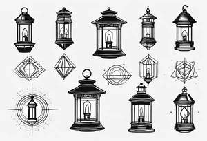 farol iluminado um pouco geometrico, com a luz acesa em um mar agitado, com linhas bem finas e delicadas e bordas limitadas tattoo idea