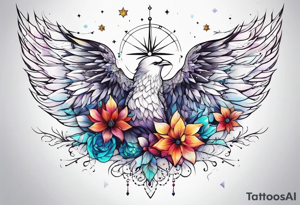 Constellation, wing , snow , géométric , flower tattoo idea