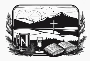 cross, campfire, golf , whiskey glass, cabin tattoo idea
