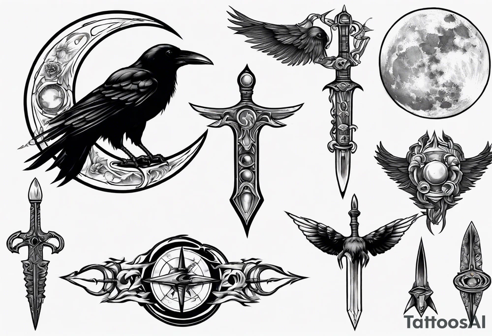 Raven , dagger , moon tattoo idea