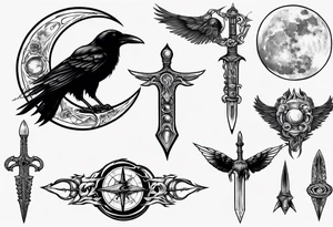 Raven , dagger , moon tattoo idea