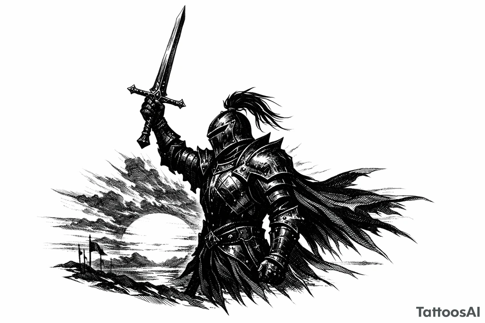 Silhouette of a knight in ornate armor, sword raised, against a fiery sunset. tattoo idea