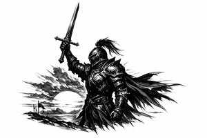 Silhouette of a knight in ornate armor, sword raised, against a fiery sunset. tattoo idea