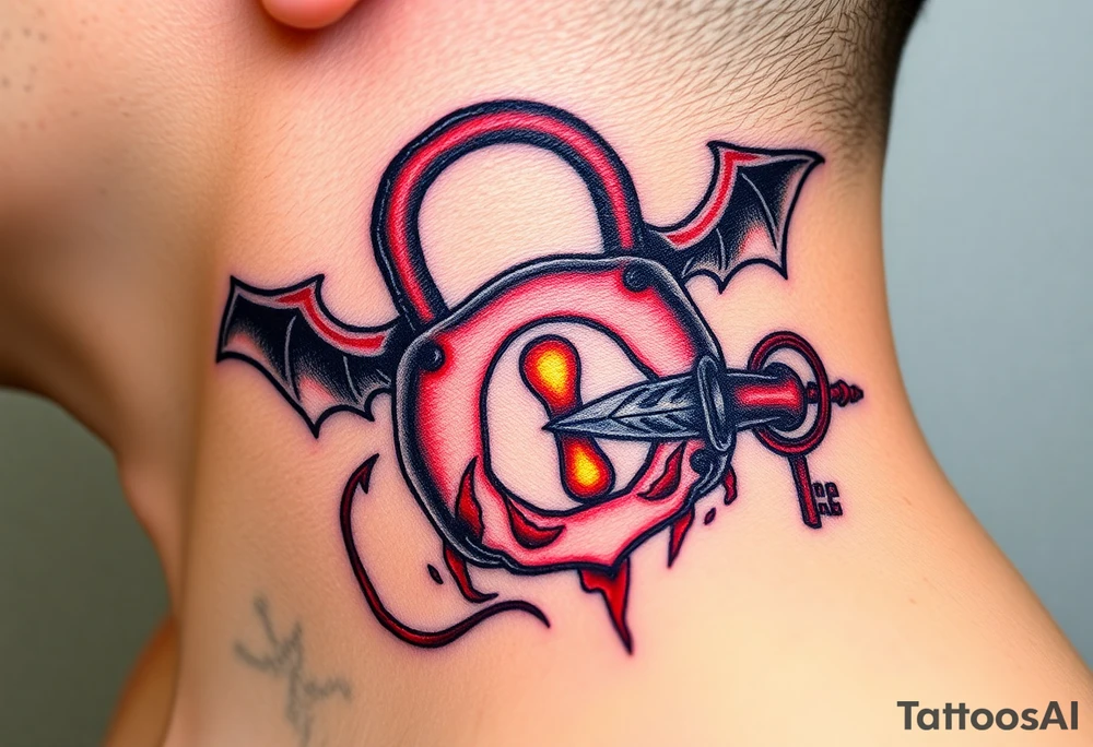 A black and red demonic lock with lockhole and with glowing eyes, with a spiked key floating near it tattoo idea