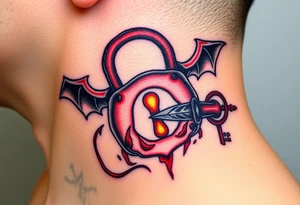 A black and red demonic lock with lockhole and with glowing eyes, with a spiked key floating near it tattoo idea