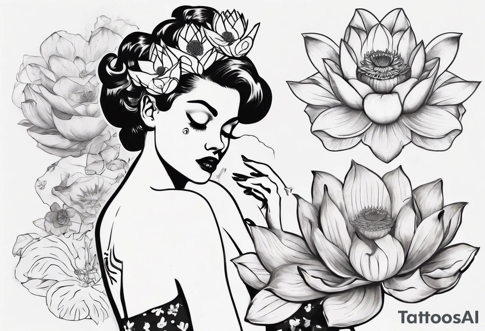 pin-up style queen with retro features bathing in lotus flowers and covering her eyes with her hands tattoo idea