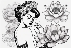 pin-up style queen with retro features bathing in lotus flowers and covering her eyes with her hands tattoo idea