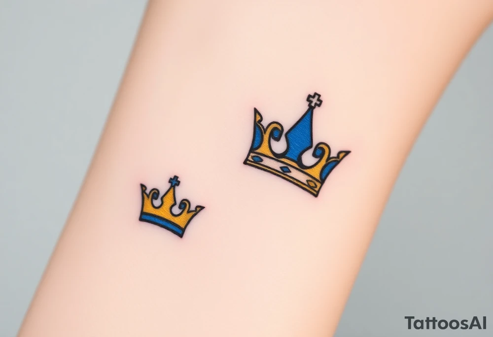 A tiny crown for the child and a regal crown for the parent, in soft gold and deep royal blue, symbolizing unconditional love and royalty tattoo idea