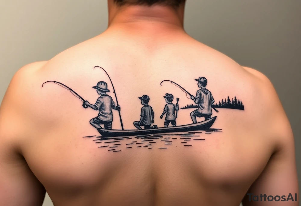 Silhouette of Dad, 14 yr old son, 11 yr old daughter and 3 yr old son fishing on dick and lake tattoo idea
