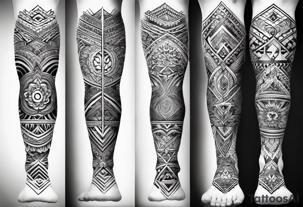 Hindu Sanskrit tribal design on right lower leg, below knee to top of feet tattoo idea
