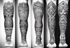 Hindu Sanskrit tribal design on right lower leg, below knee to top of feet tattoo idea