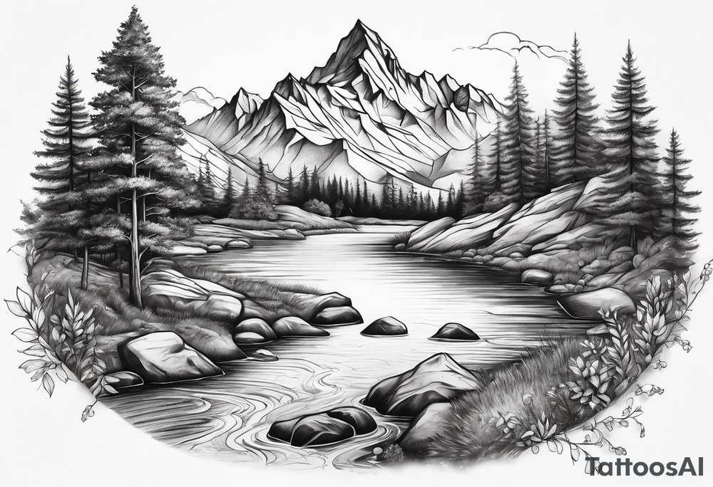 mountains, stream and nature tattoo idea