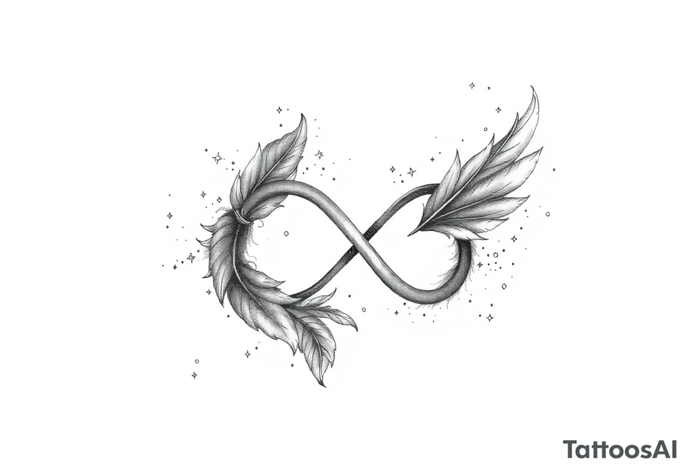 infinity symbol woven with floating feathers and stardust tattoo idea