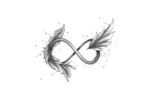 infinity symbol woven with floating feathers and stardust tattoo idea