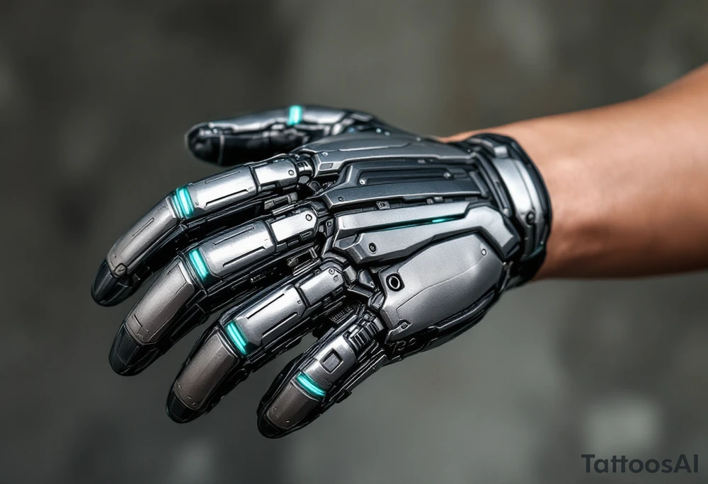 A tattooed mechanical glove with brushed silver plating and soft teal light strips running along the knuckles. tattoo idea