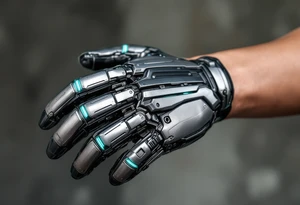 A tattooed mechanical glove with brushed silver plating and soft teal light strips running along the knuckles. tattoo idea