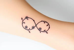An infinity symbol made of intertwined vines, with delicate flowers blooming along its curves, representing love that grows over time tattoo idea
