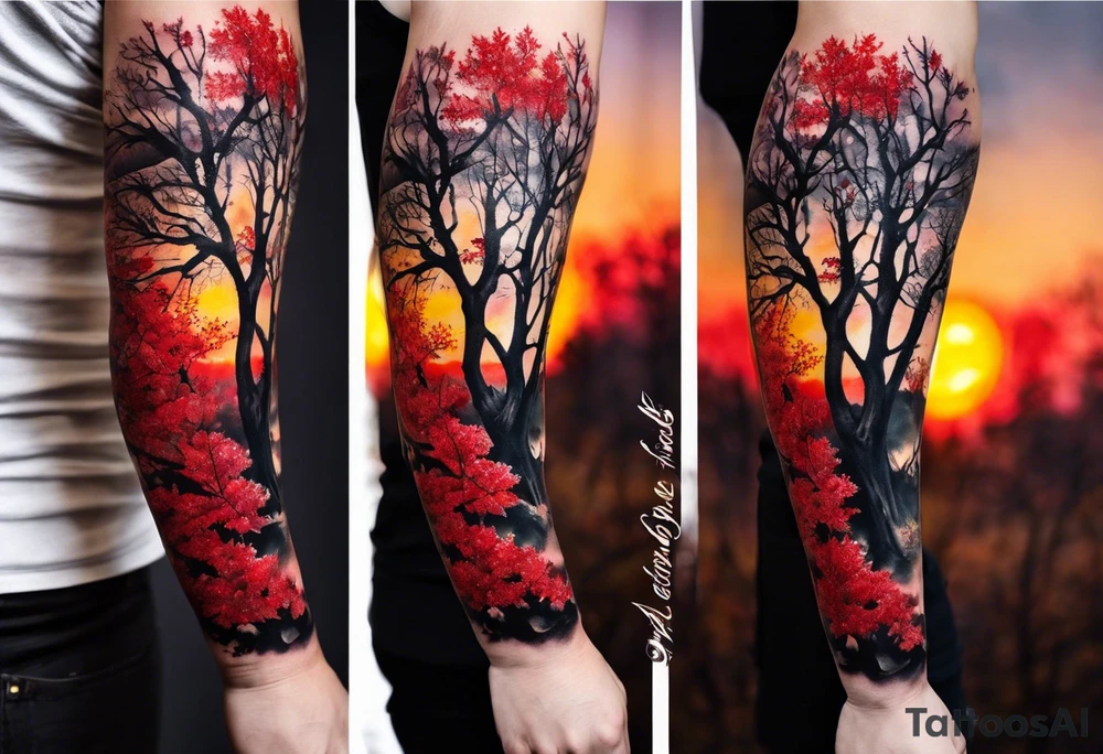 trash polka style. Arm tattoo. chest tattoo. Long tattoo. large tattoo. Full sleeve. Shoulder. A single large maple tree with red autumn leaves that branches upwards from wrist to shoulder. White-throated dipper bird on the trees branches. Calluna flowers at the base of the trees stem. Red/yellow sunset behind the trees stem. Leaves falling. tattoo idea