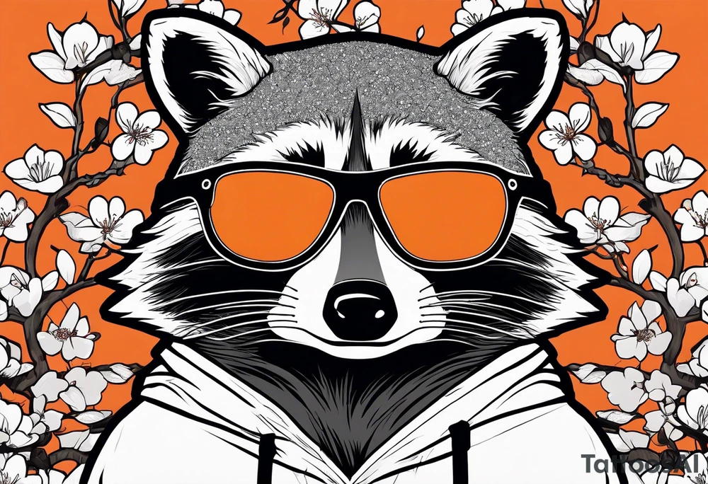 Raccoon wearing a white Superman logo on a black hoodie and orange Japanese cherry blossoms tattoo idea