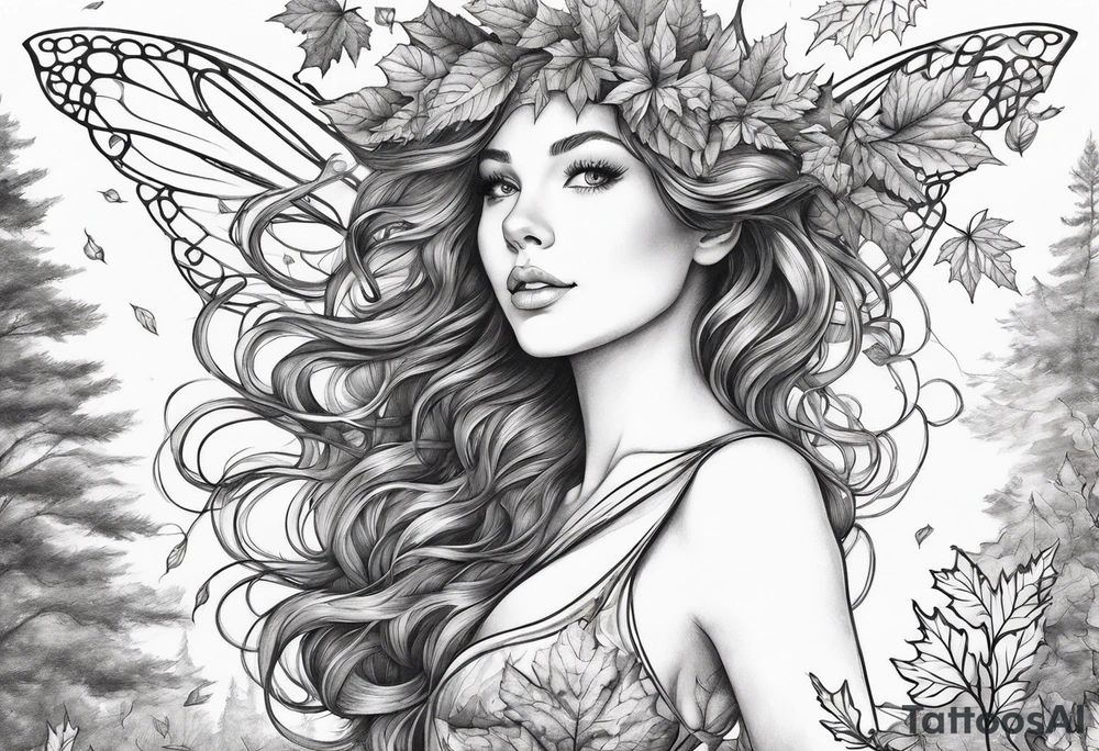 A auburn haired fairy in the middle of a forest during the peak of autumn, twirling in a whirlwind of autumn leaves tattoo idea