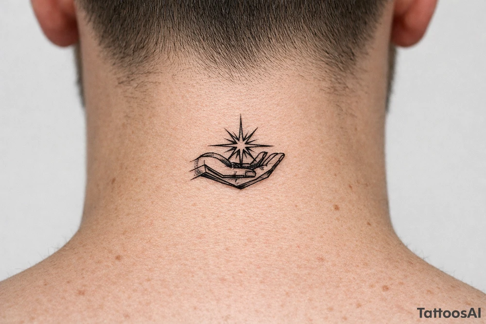 Geometric hand silhouette cradling a vibrant starburst with sharp lines. Single needle style. tattoo idea