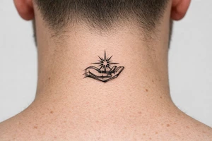 Geometric hand silhouette cradling a vibrant starburst with sharp lines. Single needle style. tattoo idea