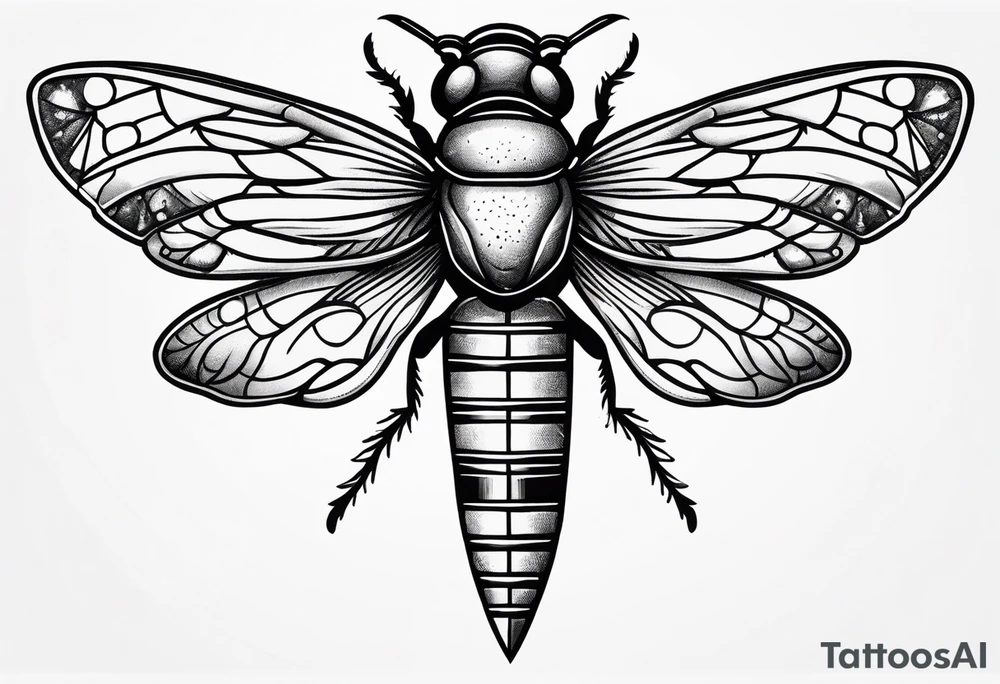 Cicada stippled and shaded with sword going through it tattoo idea