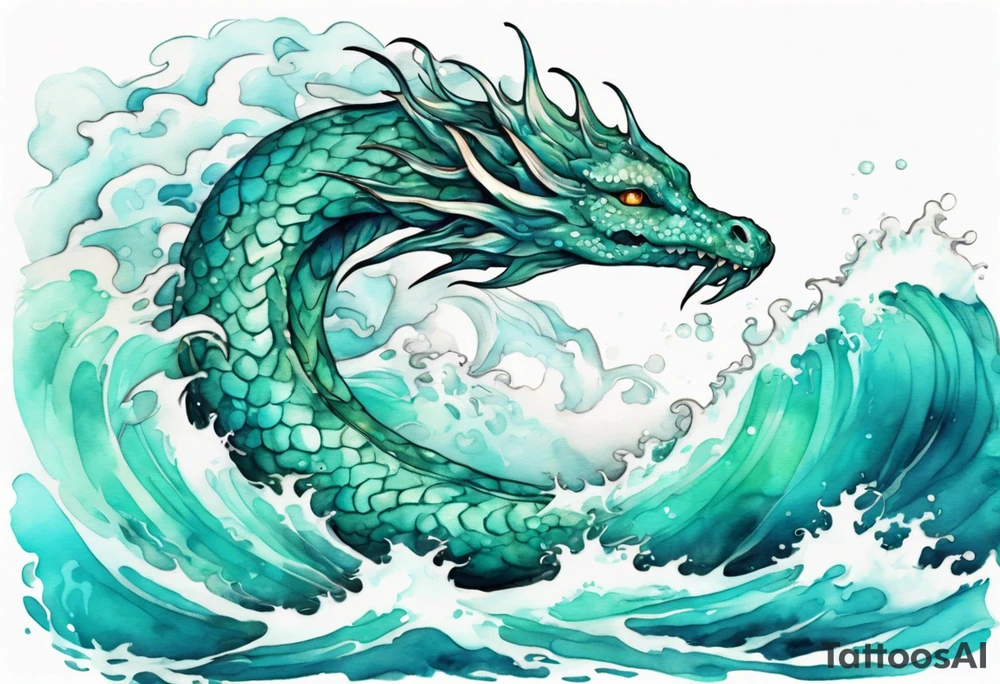 a beautiful turquoise sea serpent emerging from an ocean wave, crashing onto the shore tattoo idea