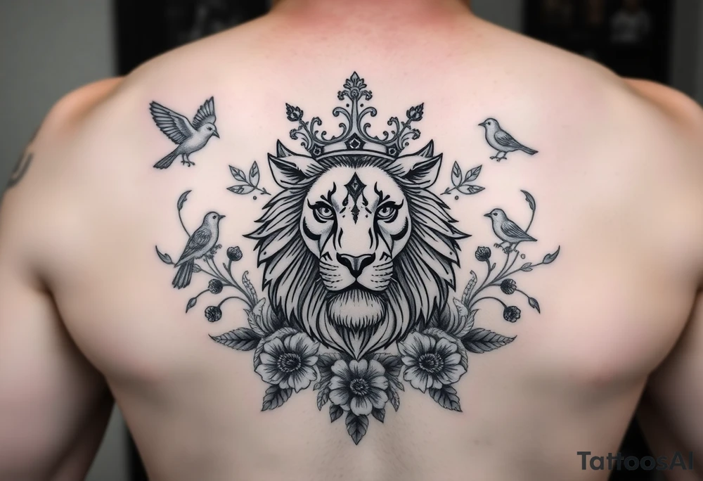 powerful majestic lion with a crown, surrounded by floral ornaments and birds tattoo idea