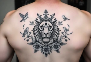 powerful majestic lion with a crown, surrounded by floral ornaments and birds tattoo idea