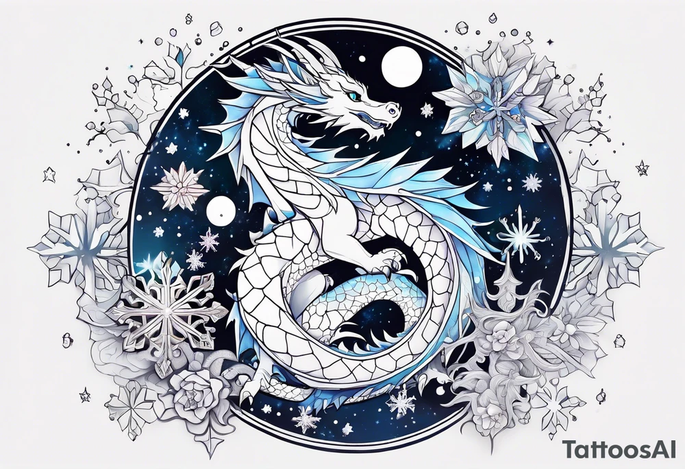 Constellation, kawaii dragon, snowflake tattoo idea