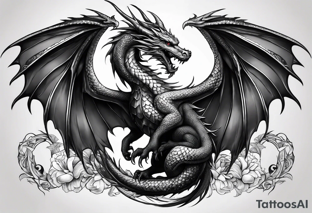Mother dragon wings spread protecting her 3 young dragons tattoo idea