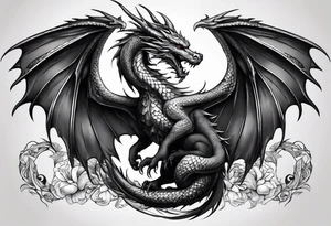 Mother dragon wings spread protecting her 3 young dragons tattoo idea
