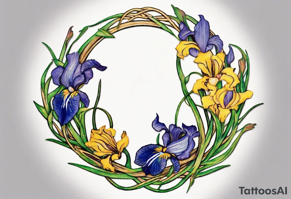 Create a small colorful Vincent van Gogh Irises tattoo in the form of a crescent, with vines or Celtic knots gracefully intertwining at a central point in the middle of the wreath.  In the middle of the wreath are mountains and other items found in New Mexico. Ensure that the design avoids the appearance of a bush and maintains a more structured and deliberate arrangement. The intended placement is on the upper chest. The overall design should be small in size while maintaining a delicate and artistic aesthetic. Pay attention to the graceful flow of the vines and the placement of the irises to achieve a refined and elegant look. tattoo idea