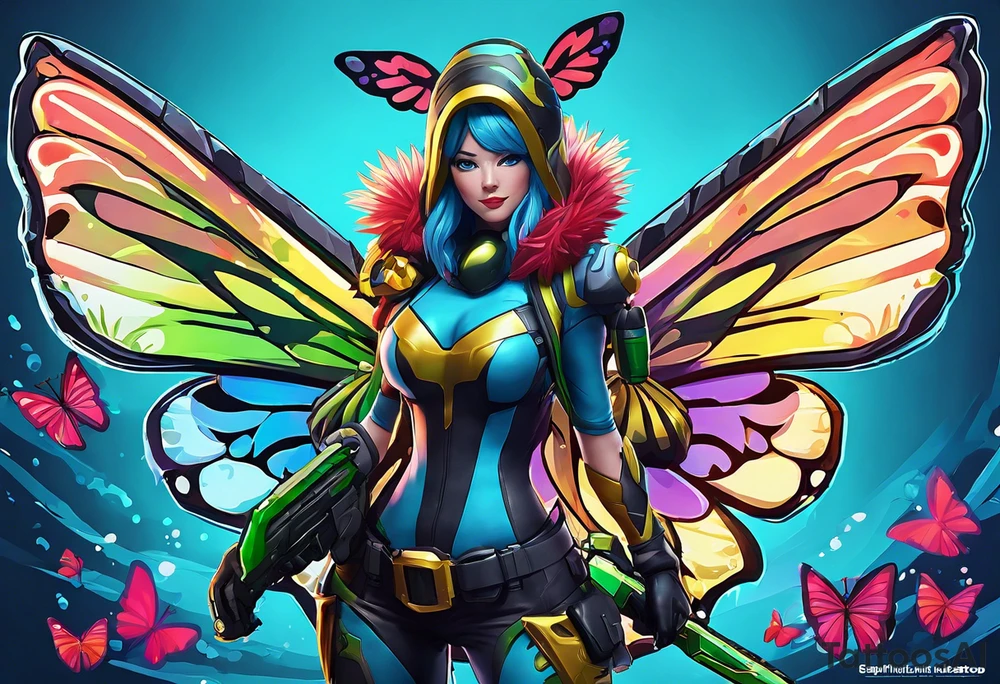 Christmas color camouflage clothes on the fortnite character jolly jammer, wrapped in majestic butterfly wings with a greenish blue glow,all on a pond with the fortnite zero point below it, tattoo idea