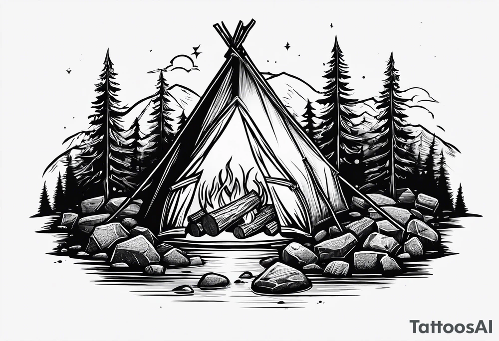 small camp fire at the base of a mountain tattoo idea