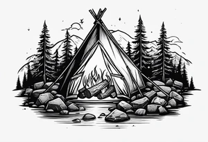small camp fire at the base of a mountain tattoo idea