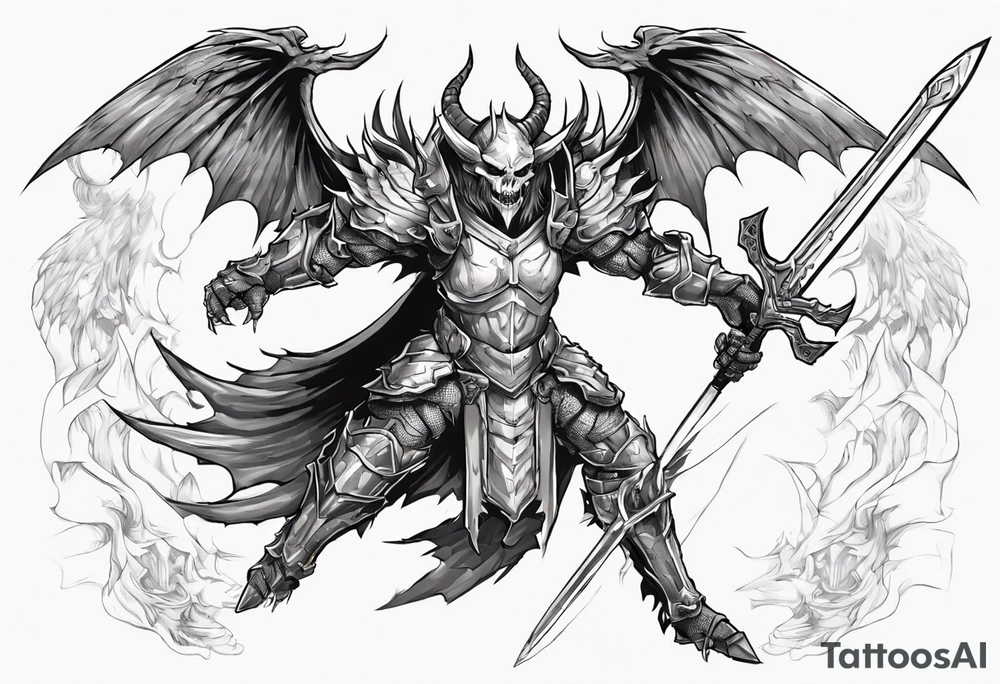 A winged light demon wearing armor that is in mid-air with his two-handed sword about to attack in isometric view. tattoo idea