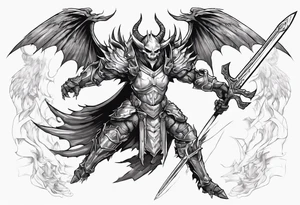 A winged light demon wearing armor that is in mid-air with his two-handed sword about to attack in isometric view. tattoo idea