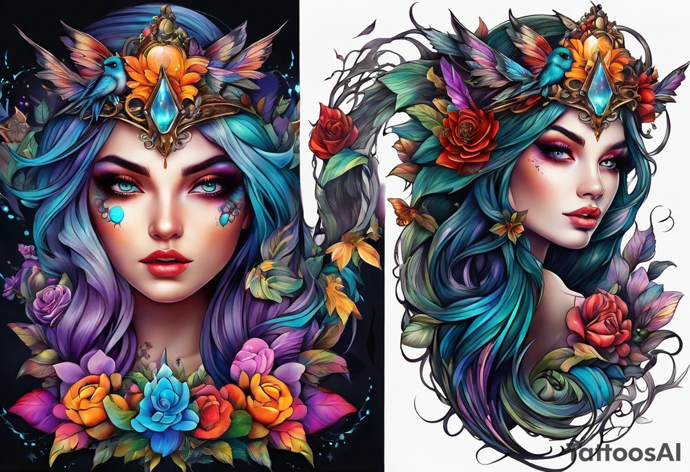 A fairy/witch with a Lot of collors, make It look mystic and really colorful tattoo idea