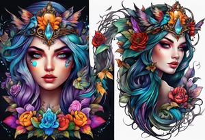 A fairy/witch with a Lot of collors, make It look mystic and really colorful tattoo idea