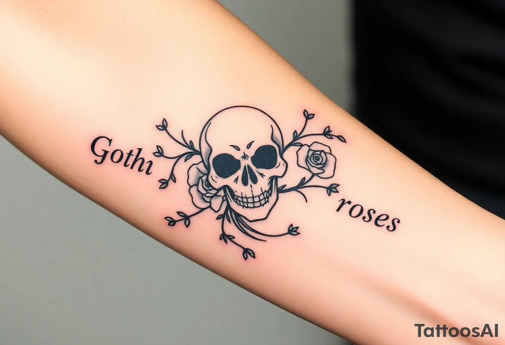 gothic skull intertwined with climbing roses and thorny vines tattoo idea