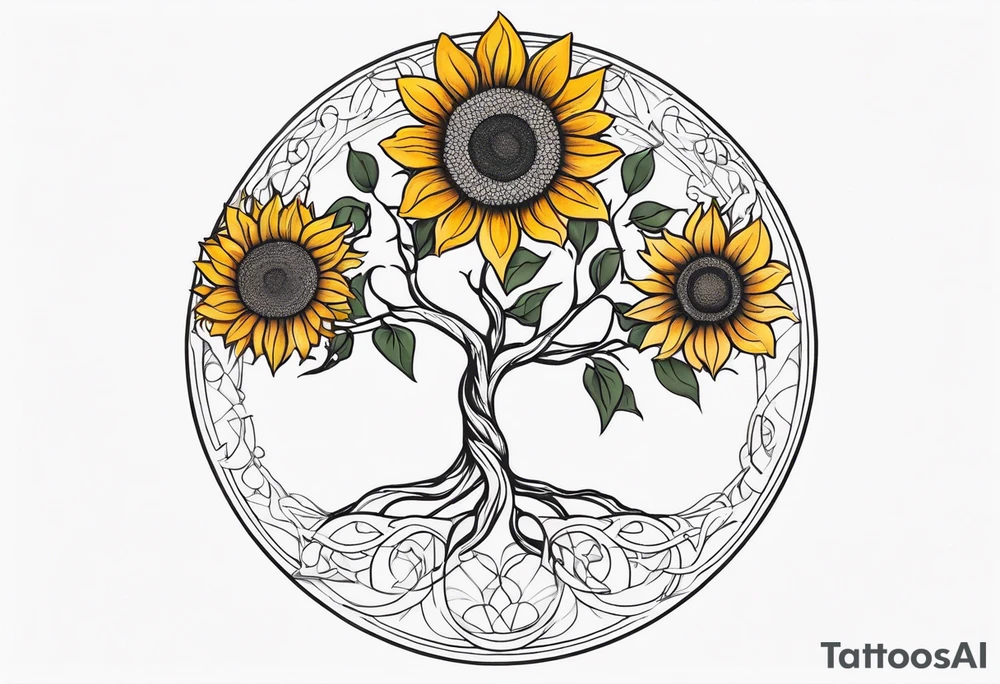Feminine Yggdrasil tree with two sunflowers tattoo idea Feminine Yggdrasil tree with two sunflowers tattoo idea