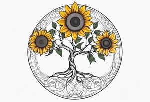 Feminine Yggdrasil tree with two sunflowers tattoo idea