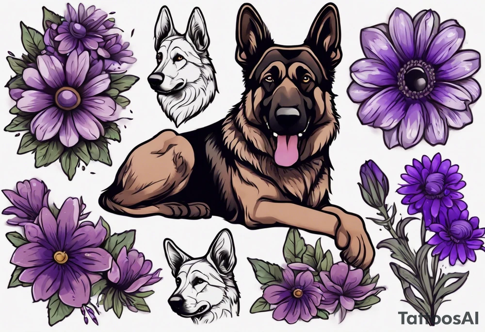 Dark Brown German shepherd portrait surrounded by purple daisies tattoo idea
