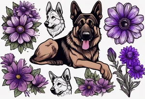 Dark Brown German shepherd portrait surrounded by purple daisies tattoo idea