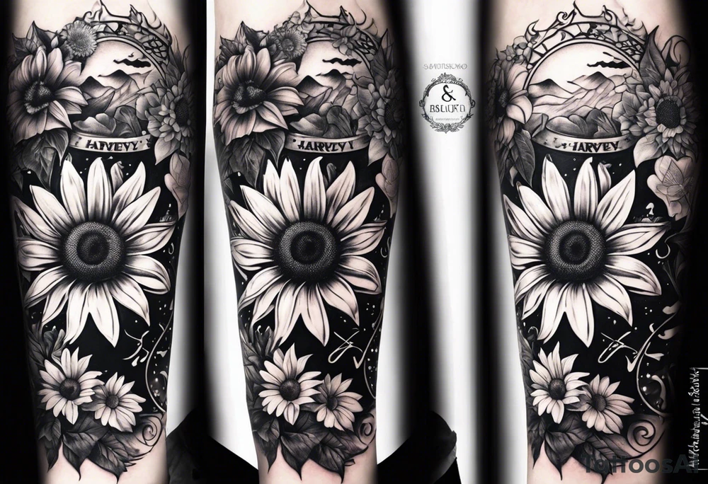 Forearm half sleeve with lilly sunflower flowers & small butterflies incorporating the names Harvey & Ruby with stars, books, fantasy & dragons themed tattoo idea