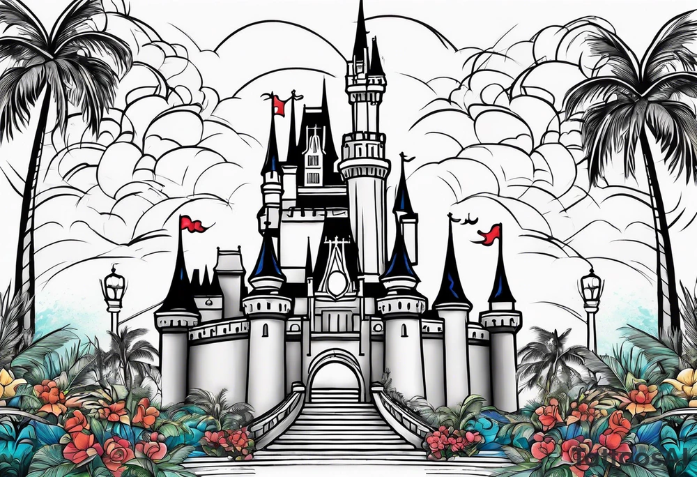 disney castle with a lightning storm palm trees and a mickey mouse tattoo idea