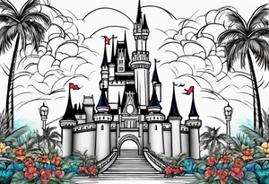 disney castle with a lightning storm palm trees and a mickey mouse tattoo idea