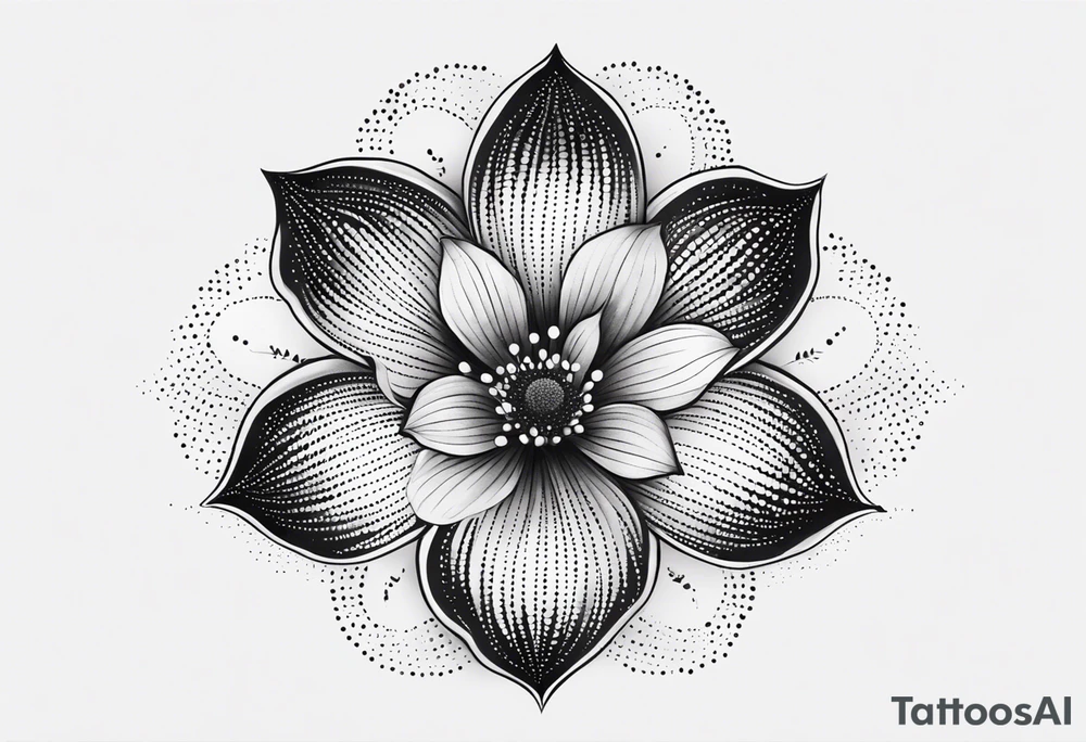 Design a minimalist floral tattoo featuring a single, graceful flower with intricate petal details in black ink tattoo idea